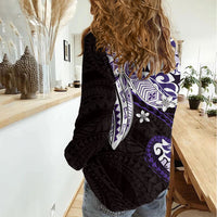 Monstera Plumeria Flowers Purple Women Casual Shirt Polynesian Pattern