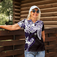 Monstera Plumeria Flowers Purple Women Polo Shirt Polynesian Pattern