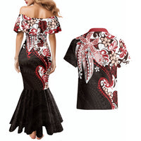 Monstera Plumeria Flowers Red Couples Matching Mermaid Dress and Hawaiian Shirt Polynesian Pattern LT01 - Polynesian Pride