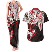 Monstera Plumeria Flowers Red Couples Matching Tank Maxi Dress and Hawaiian Shirt Polynesian Pattern LT01 Red - Polynesian Pride