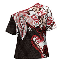 Monstera Plumeria Flowers Red Cross Shoulder Shirt Polynesian Pattern