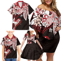 Monstera Plumeria Flowers Red Family Matching Off Shoulder Short Dress and Hawaiian Shirt Polynesian Pattern LT01 - Polynesian Pride