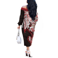 Monstera Plumeria Flowers Red Off The Shoulder Long Sleeve Dress Polynesian Pattern