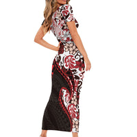Monstera Plumeria Flowers Red Short Sleeve Bodycon Dress Polynesian Pattern