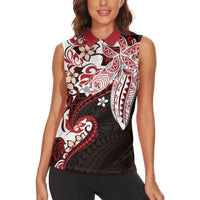 Monstera Plumeria Flowers Red Women Sleeveless Polo Shirt Polynesian Pattern LT01 - Polynesian Pride