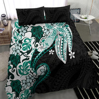 Monstera Plumeria Flowers Teal Bedding Set Polynesian Pattern