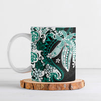 Monstera Plumeria Flowers Teal Ceramic Mug Polynesian Pattern