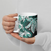 Monstera Plumeria Flowers Teal Ceramic Mug Polynesian Pattern