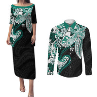 Monstera Plumeria Flowers Teal Couples Matching Puletasi and Long Sleeve Button Shirt Polynesian Pattern LT01 Teal - Polynesian Pride
