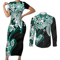 Monstera Plumeria Flowers Teal Couples Matching Short Sleeve Bodycon Dress and Long Sleeve Button Shirt Polynesian Pattern