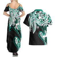 Monstera Plumeria Flowers Teal Couples Matching Summer Maxi Dress and Hawaiian Shirt Polynesian Pattern