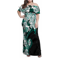 Monstera Plumeria Flowers Teal Family Matching Off Shoulder Maxi Dress and Hawaiian Shirt Polynesian Pattern