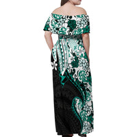Monstera Plumeria Flowers Teal Family Matching Off Shoulder Maxi Dress and Hawaiian Shirt Polynesian Pattern