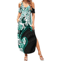Monstera Plumeria Flowers Teal Family Matching Summer Maxi Dress and Hawaiian Shirt Polynesian Pattern
