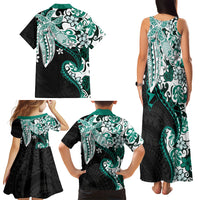 Monstera Plumeria Flowers Teal Family Matching Tank Maxi Dress and Hawaiian Shirt Polynesian Pattern LT01 - Polynesian Pride
