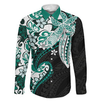 Monstera Plumeria Flowers Teal Family Matching Tank Maxi Dress and Hawaiian Shirt Polynesian Pattern LT01 Dad's Shirt - Long Sleeve Teal - Polynesian Pride