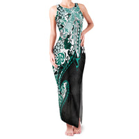 Monstera Plumeria Flowers Teal Family Matching Tank Maxi Dress and Hawaiian Shirt Polynesian Pattern LT01 Mom's Dress Teal - Polynesian Pride