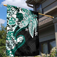 Monstera Plumeria Flowers Teal Garden Flag Polynesian Pattern