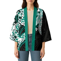 Monstera Plumeria Flowers Teal Kimono Polynesian Pattern
