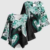Monstera Plumeria Flowers Teal Kimono Sleeve Blouse Polynesian Pattern