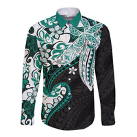 Monstera Plumeria Flowers Teal Long Sleeve Button Shirt Polynesian Pattern LT01 Unisex Teal - Polynesian Pride