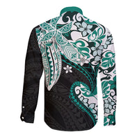 Monstera Plumeria Flowers Teal Long Sleeve Button Shirt Polynesian Pattern LT01 - Polynesian Pride