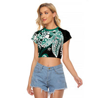 Monstera Plumeria Flowers Teal Raglan Cropped T Shirt Polynesian Pattern