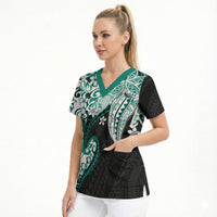 Monstera Plumeria Flowers Teal Scrub Top Polynesian Pattern LT01 - Polynesian Pride