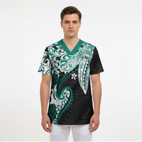 Monstera Plumeria Flowers Teal Scrub Top Polynesian Pattern LT01 - Polynesian Pride