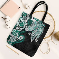 Monstera Plumeria Flowers Teal Tote Bag Polynesian Pattern LT01 Black Strap One Size Teal - Polynesian Pride