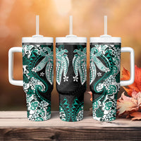 Monstera Plumeria Flowers Teal Tumbler With Handle Polynesian Pattern