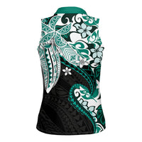 Monstera Plumeria Flowers Teal Women Sleeveless Polo Shirt Polynesian Pattern