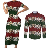 Hawaiian Hibiscus Christmas Color Couples Matching Short Sleeve Bodycon Dress and Long Sleeve Button Shirt Unique