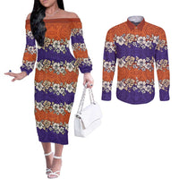 Hawaiian Hibiscus Couples Matching Off The Shoulder Long Sleeve Dress and Long Sleeve Button Shirt Orange and Purple Unique