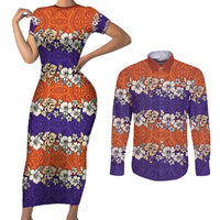 Hawaiian Hibiscus Couples Matching Short Sleeve Bodycon Dress and Long Sleeve Button Shirt Orange and Purple Unique