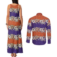 Hawaiian Hibiscus Couples Matching Tank Maxi Dress and Long Sleeve Button Shirt Orange and Purple Unique