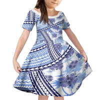 Hawaii Quilt Family Matching Puletasi Dress and Hawaiian Shirt Kakau Polynesian Pattern Blue Version LT01 Daughter's Dress Blue - Polynesian Pride