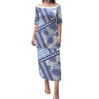 Hawaii Quilt Family Matching Puletasi Dress and Hawaiian Shirt Kakau Polynesian Pattern Blue Version LT01 Mom's Dress Blue - Polynesian Pride