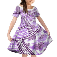 Hawaii Quilt Family Matching Off Shoulder Short Dress and Hawaiian Shirt Kakau Polynesian Pattern Lilac Version LT01 Daughter's Dress Purple - Polynesian Pride
