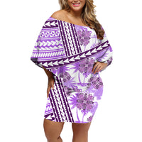 Hawaii Quilt Family Matching Off Shoulder Short Dress and Hawaiian Shirt Kakau Polynesian Pattern Lilac Version LT01 Mom's Dress Purple - Polynesian Pride