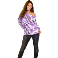 Hawaii Quilt Off Shoulder Sweater Kakau Polynesian Pattern Lilac Version LT01 - Polynesian Pride