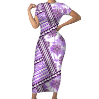 Hawaii Quilt Short Sleeve Bodycon Dress Kakau Polynesian Pattern Lilac Version LT01 Long Dress Purple - Polynesian Pride