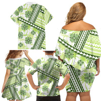 Hawaii Quilt Family Matching Off Shoulder Short Dress and Hawaiian Shirt Kakau Polynesian Pattern Olive Green Version LT01 - Polynesian Pride