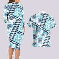 Hawaii Quilt Couples Matching Long Sleeve Bodycon Dress and Hawaiian Shirt Kakau Polynesian Pattern Sky Blue Version LT01 - Polynesian Pride