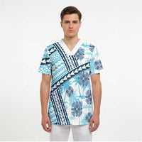 Hawaii Quilt Scrub Top Kakau Polynesian Pattern Sky Blue Version - Polynesian Pride