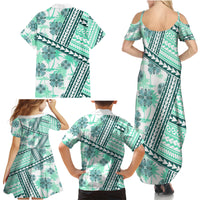 Hawaii Quilt Family Matching Summer Maxi Dress and Hawaiian Shirt Kakau Polynesian Pattern Teal Version LT01 - Polynesian Pride