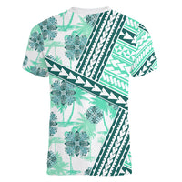 Hawaii Quilt Women V Neck T Shirt Kakau Polynesian Pattern Teal Version LT01 - Polynesian Pride