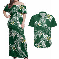 Polynesian Hawaiian Plumeria Tribal Pattern Couples Matching Off Shoulder Maxi Dress and Hawaiian Shirt Green Version