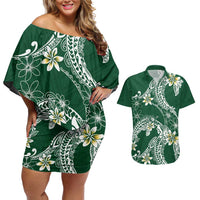 Polynesian Hawaiian Plumeria Tribal Pattern Couples Matching Off Shoulder Short Dress and Hawaiian Shirt Green Version