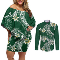 Polynesian Hawaiian Plumeria Tribal Pattern Couples Matching Off Shoulder Short Dress and Long Sleeve Button Shirt Green Version
